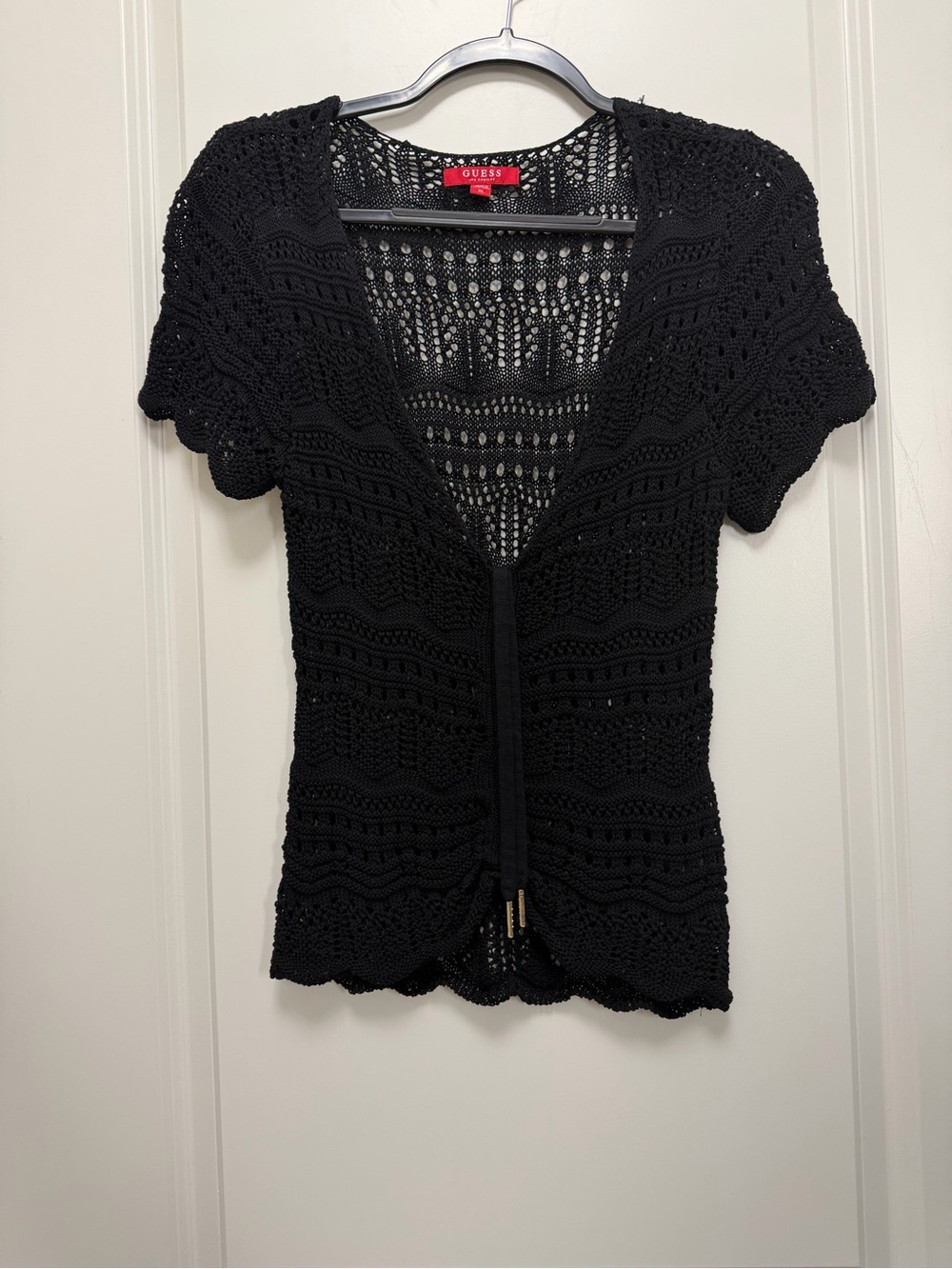 GUESS Black Crochet Short Sleeve Openwork Top